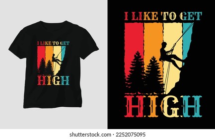 Kletterndes T-Shirt-Design-Konzept. Entworfen mit Berg, Silhouette, Bäumen und Vintage-Stil.