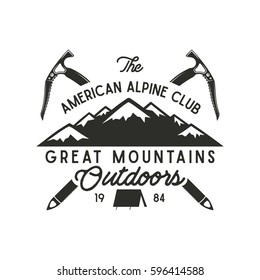 Climbing t-shirt design. Hand drawn climbing vintage alpine label with texts, silhouett mountain, climb equipment. Letterpress effect. Vector climbing hipster design