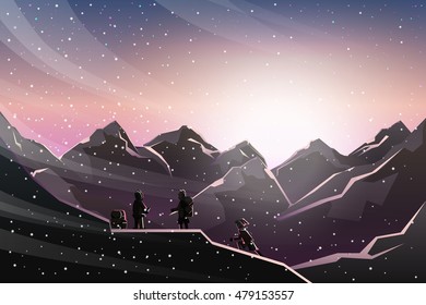 climbing under sunrise when snowing