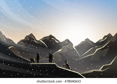 climbing under sunset when snowing