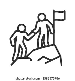 Climbing up, business concept, Man helps another to climb to the top. linear icon. Editable stroke