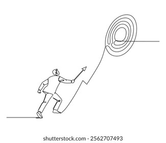 Climbing an upward path toward a target symbolized by concentric circles, carrying an arrow pointing toward the goal. The jagged path represents the challenging journey towards achievement.