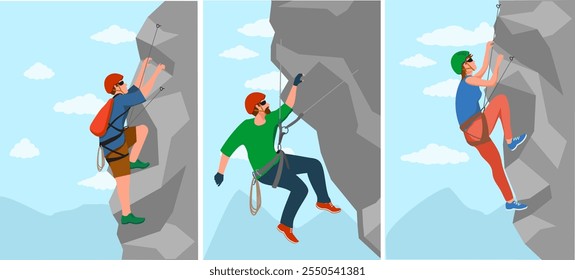 
Climbing vector climber climbs rock or mountainous cliff and people in extreme sport. Mountaineer character mounts. Set. illustration of mountaineering against the sky.