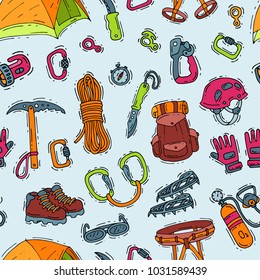 Climbing vector climbers equipment helmet carabiner and axe to climb in mountains illustration sot of mountaineering or alpinism tools for mountaineers seamless pattern background