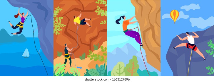 Climbing vector illustration, climber climbs up the mountain. Extreme adventure active outdoor sport. Posters set strong brave male female cartoon people characters on rock with rope. Mountaineering