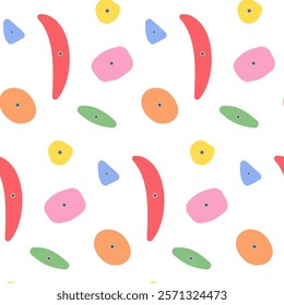 Climbing wall with colored holds, pattern background. Sport rock activity, fitness indoor or outdoor, texture gym grip bouldering, adventure climbing, vector illustration