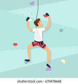 Climbing Wall. Guy is climbing the wall. Flat design vector illustration.