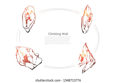 Climbing wall - men and women climbing up artificial wall vector concept set. Hand drawn sketch isolated illustration