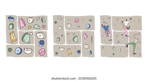 Climbing wall park posters set. Climbers training and equipment. Vector hand drawn flat illustration isolated on white background.