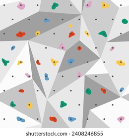 Climbing wall seamless pattern. Colorful holds for rock climbing on a grey wall in the gym. Vector bouldering sport repeat background, wrapping paper, package design, wallpaper, cute print.