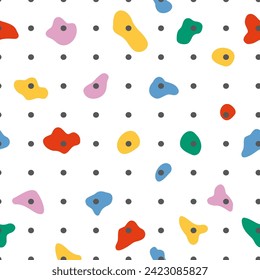 Climbing wall seamless pattern. Colorful holds for rock climbing on a grey wall in the gym. Vector bouldering sport repeat background, wrapping paper, package design, wallpaper, cute print.