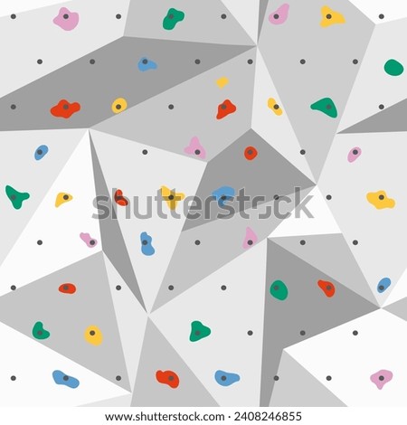 Climbing wall seamless pattern. Colorful holds for rock climbing on a grey wall in the gym. Vector bouldering sport repeat background, wrapping paper, package design, wallpaper, cute print.