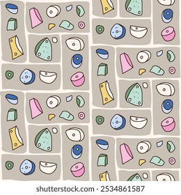 Climbing wall seamless pattern. Rock clambering park endless background. Indoor bouldering repeat cover. Surface pattern design extreme sport motif. Vector hand drawn illustration.