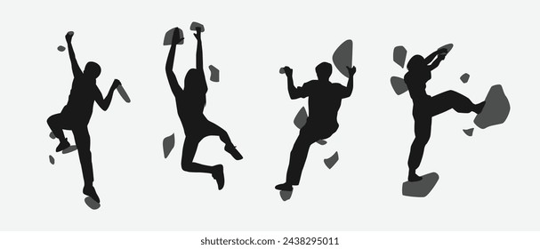 climbing wall silhouette collection set. sport, extreme, bouldering, rock, concept. different actions, poses. vector illustration.