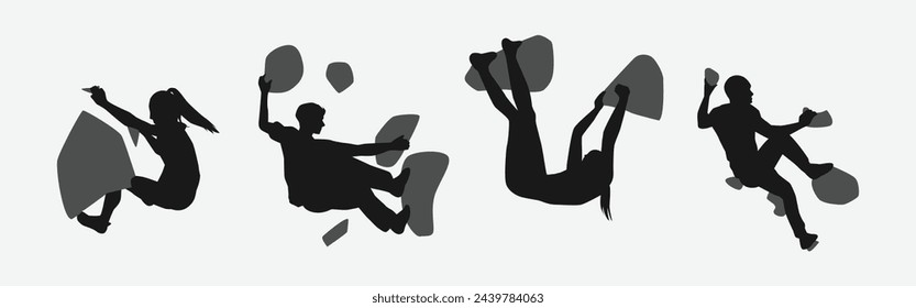 climbing wall silhouette collection set. sport, extreme, bouldering, rock, concept. different actions, poses. vector illustration.