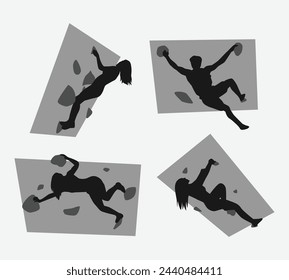 climbing wall silhouette collection set. sport, extreme, bouldering, rock, concept. different actions, poses. vector illustration.