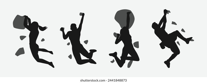 climbing wall silhouette collection set. sport, extreme, bouldering, rock, concept. different actions, poses. vector illustration.