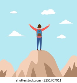 Climbing woman celebrate her success on the top of mountain in flat design. Life goal achievement.