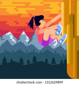 climbing woman on the mountains rock on sunset sky  flat design,vectoe illustration
