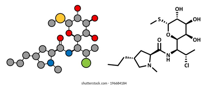Clindamycin antibiotic drug (lincosamide class), chemical structure. Conventional skeletal formula and stylized representation, showing atoms (except hydrogen) as color coded circles.
