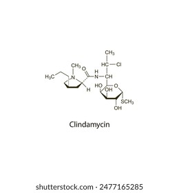 Clindamycin flat skeletal molecular structure Lincosamide antibiotic drug used in bacterial infection treatment. Vector illustration scientific diagram.