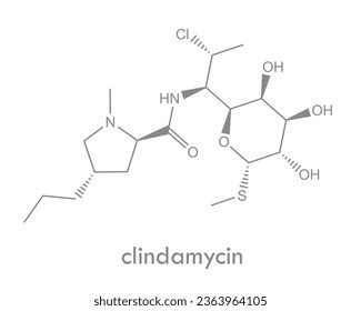Estructura de la clindamicina. Molécula de antibiótico lincosamida.