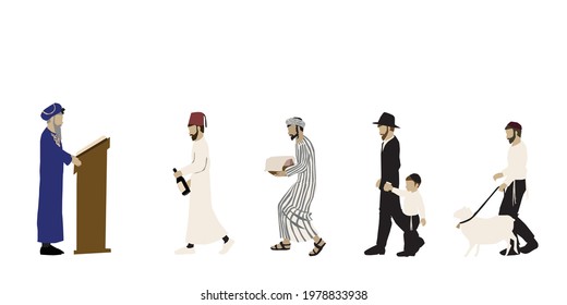 Clinging to the Sages - Jewish figures dressed in authentic Spanish, Moroccan, Yemeni, Haredi, traditional, go to the chief rabbi and bring him wine, food, a child, and a sheep.
Vector drawing 