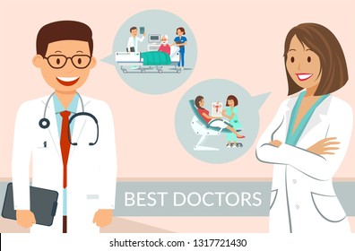 Clinic Best Doctors Flat Vector Poster Template. Health Worker Cartoon Character. Nurse and Lying Patient Clipart. Gynecological Examination. Medical Color Banner Ad. Illustration For Article