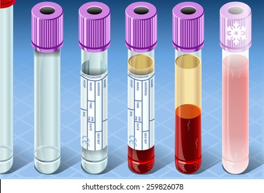 Clinic Biochemistry Kit Complete Set Test Tube laboratory equipment. 3D Isometric Test Tube Blood Test Icons Healthcare Clinic Hospital Infographic Clinical Trial Elements Vector Illustration.
