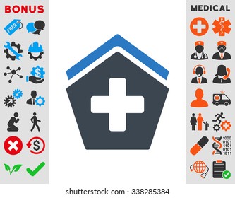Clinic Building vector icon with bonus. Style is bicolor flat symbol, smooth blue colors, rounded angles, white background.