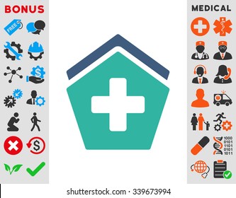 Clinic Building vector icon with bonus. Style is bicolor flat symbol, cobalt and cyan colors, rounded angles, white background.