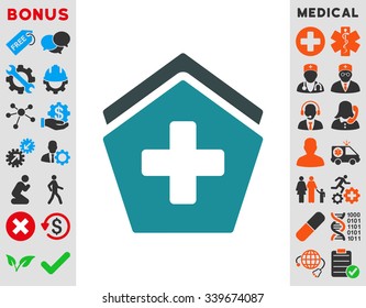 Clinic Building vector icon with bonus. Style is bicolor flat symbol, cobalt and cyan colors, rounded angles, white background.