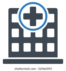 Clinic Building vector icon. Style is bicolor flat symbol, smooth blue colors, rounded angles, white background.