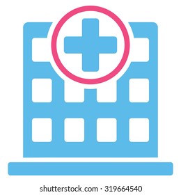 Clinic Building vector icon. Style is bicolor flat symbol, pink and blue colors, rounded angles, white background.