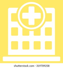 Clinic Building vector icon. Style is flat symbol, white color, rounded angles, yellow background.