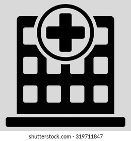 Clinic Building vector icon. Style is flat symbol, black color, rounded angles, light gray background.