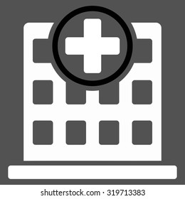 Clinic Building vector icon. Style is bicolor flat symbol, black and white colors, rounded angles, gray background.