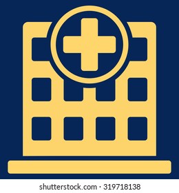 Clinic Building vector icon. Style is flat symbol, yellow color, rounded angles, blue background.