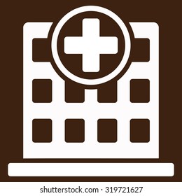 Clinic Building vector icon. Style is flat symbol, white color, rounded angles, brown background.