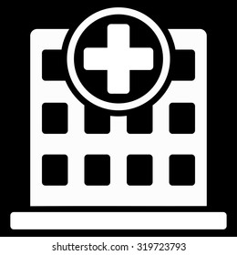 Clinic Building vector icon. Style is flat symbol, white color, rounded angles, black background.