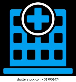 Clinic Building vector icon. Style is bicolor flat symbol, blue and white colors, rounded angles, black background.