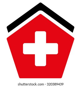 Clinic Building vector icon. Style is bicolor flat symbol, intensive red and black colors, rounded angles, white background.