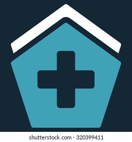 Clinic Building vector icon. Style is bicolor flat symbol, blue and white colors, rounded angles, dark blue background.