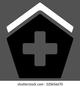 Clinic Building vector icon. Style is bicolor flat symbol, black and white colors, rounded angles, gray background.