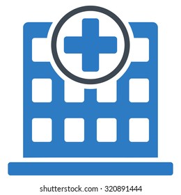 Clinic Building vector icon. Style is bicolor flat symbol, smooth blue colors, rounded angles, white background.