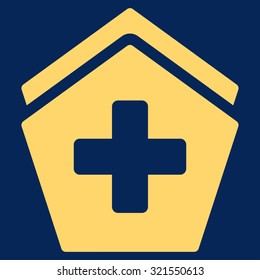 Clinic Building vector icon. Style is flat symbol, yellow color, rounded angles, blue background.