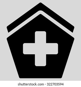 Clinic Building vector icon. Style is flat symbol, black color, rounded angles, light gray background.