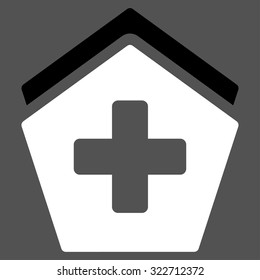 Clinic Building vector icon. Style is bicolor flat symbol, black and white colors, rounded angles, gray background.
