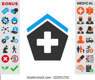 Clinic Building vector icon. Style is bicolor flat symbol, blue and gray colors, rounded angles, white background.