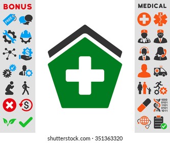Clinic Building vector icon. Style is bicolor flat symbol, green and gray colors, rounded angles, white background.